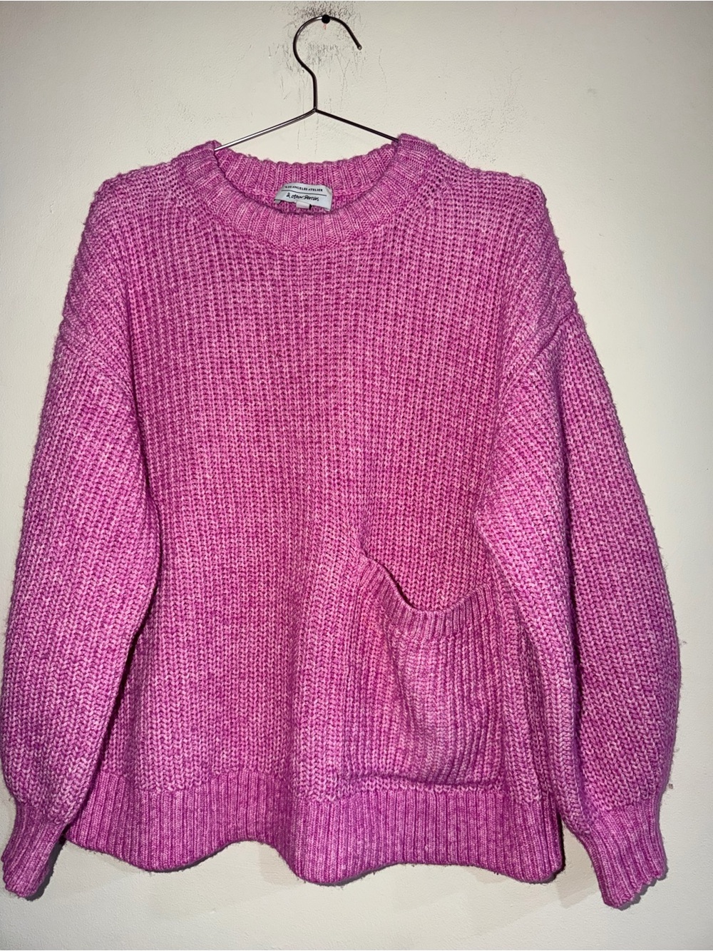 & Other Stories Pink Chunky Cotton & Wool Crewneck Sweater with Pocket